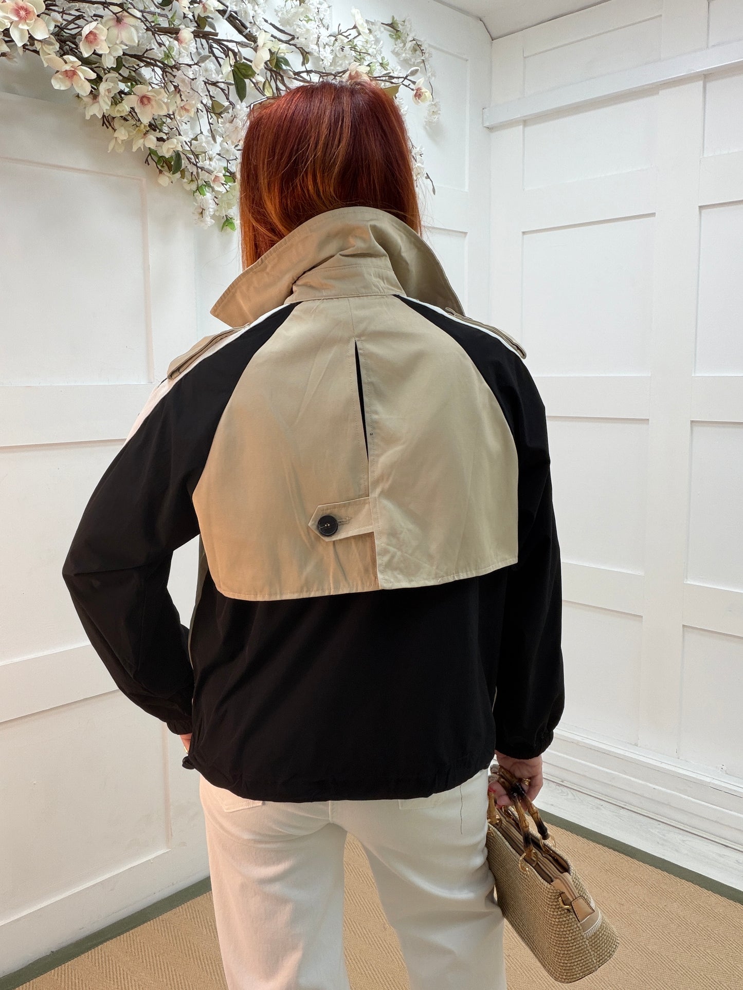 Carmen: Cream and black cropped trench jacket. 2 sizes.