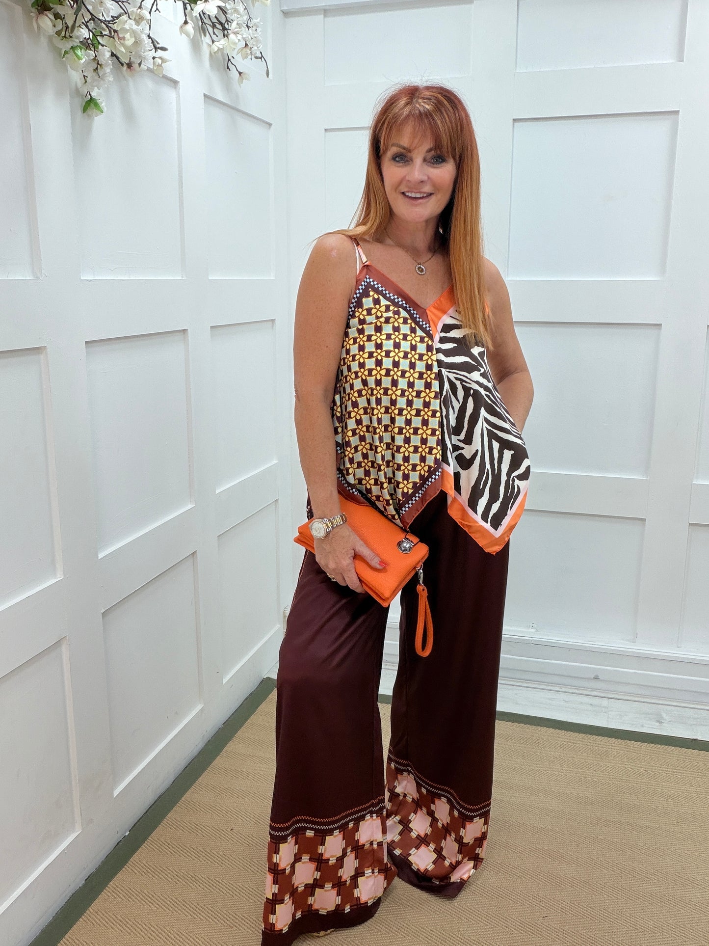 Sienna: Silky reversible printed top & wide leg trouser co-ord set. One Sz: 10-16. 4 colours