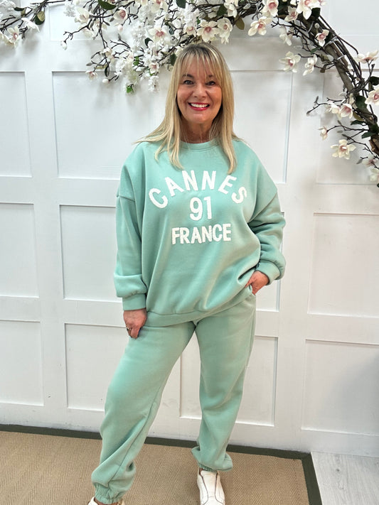 Chloe: Mint Cannes 2 piece loungewear set. One size: 14-18