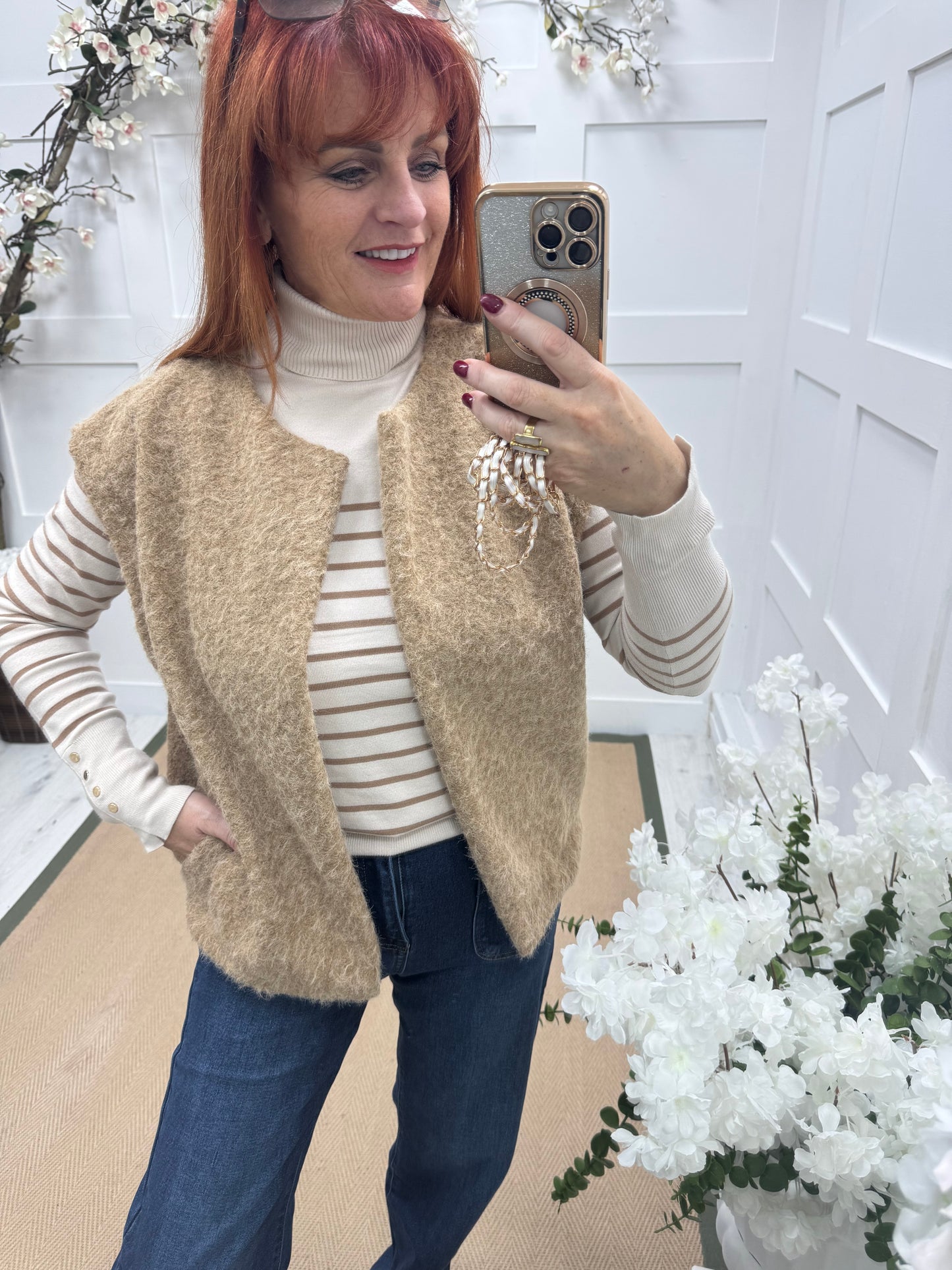 Karina: Cream & sand striped polo neck top. One size 10-14