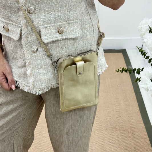 Petra: Gold Italian leather phone cross body travel bag