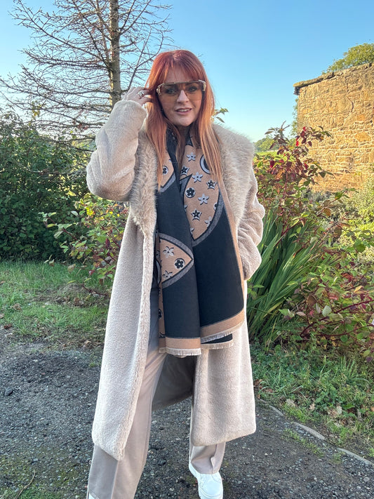 Linden: Black designer inspired fringed scarf