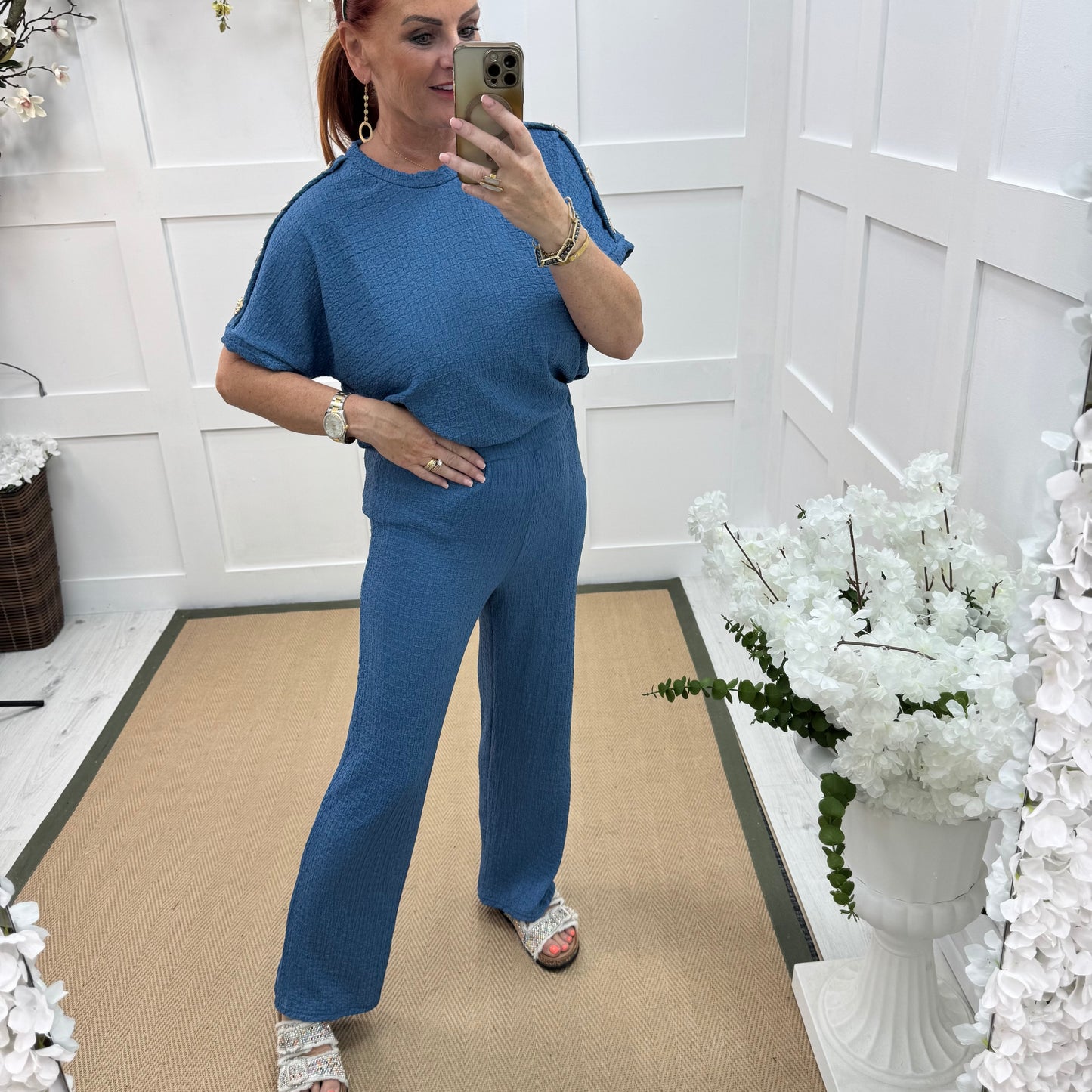 Tasha: Blue & gold button loungewear set. 2 sizes