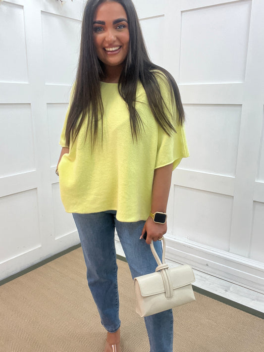 Carrie: Lemon short knitted top. One size: 12-18/20