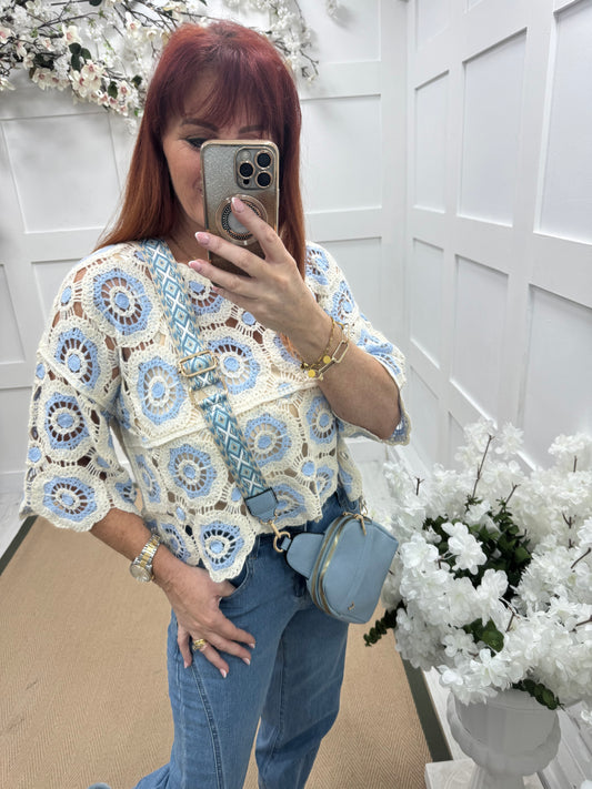 Candy: Blue and cream short crochet top. One size: 12-16