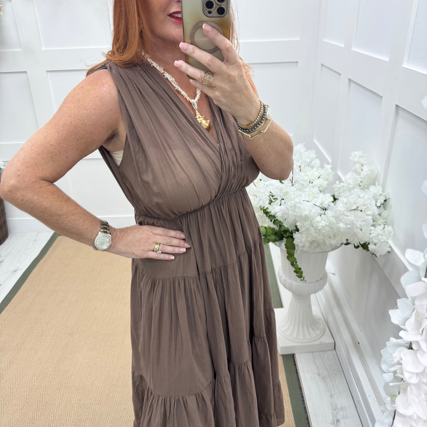 Gaynor: Brown Grecian tiered maxi dress. One size 12-20