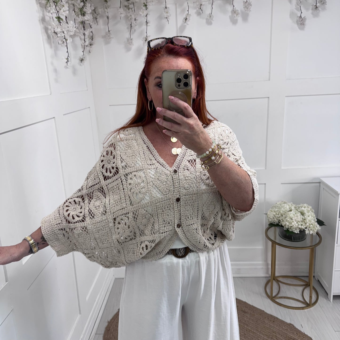 Marcie: Cream batwing crochet cardigan. One size: 10-18