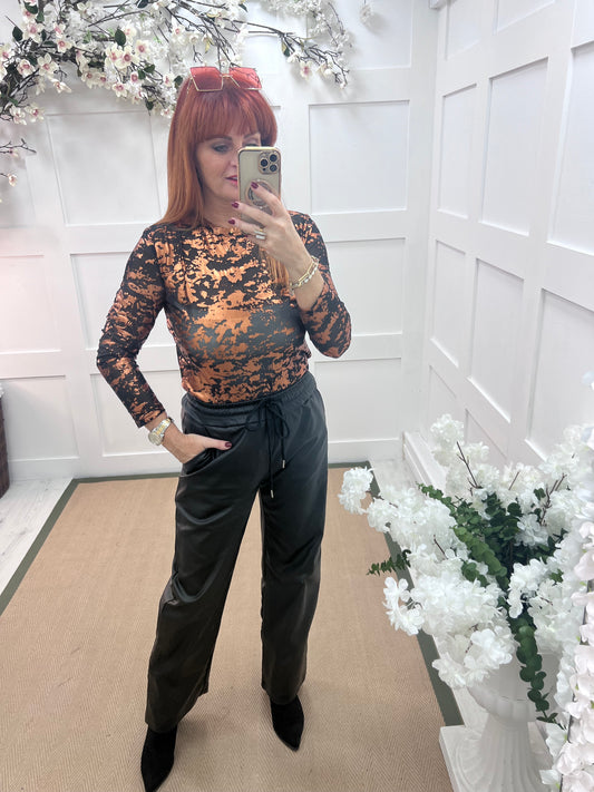 Rhiana: Bronze metallic stretchy sheer mesh top. One size 10-18