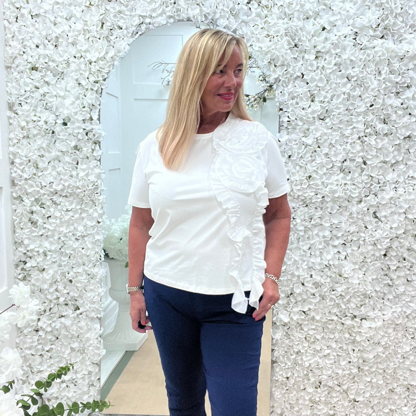 Amalia: White huge ruffle flower top. One size: 14-18
