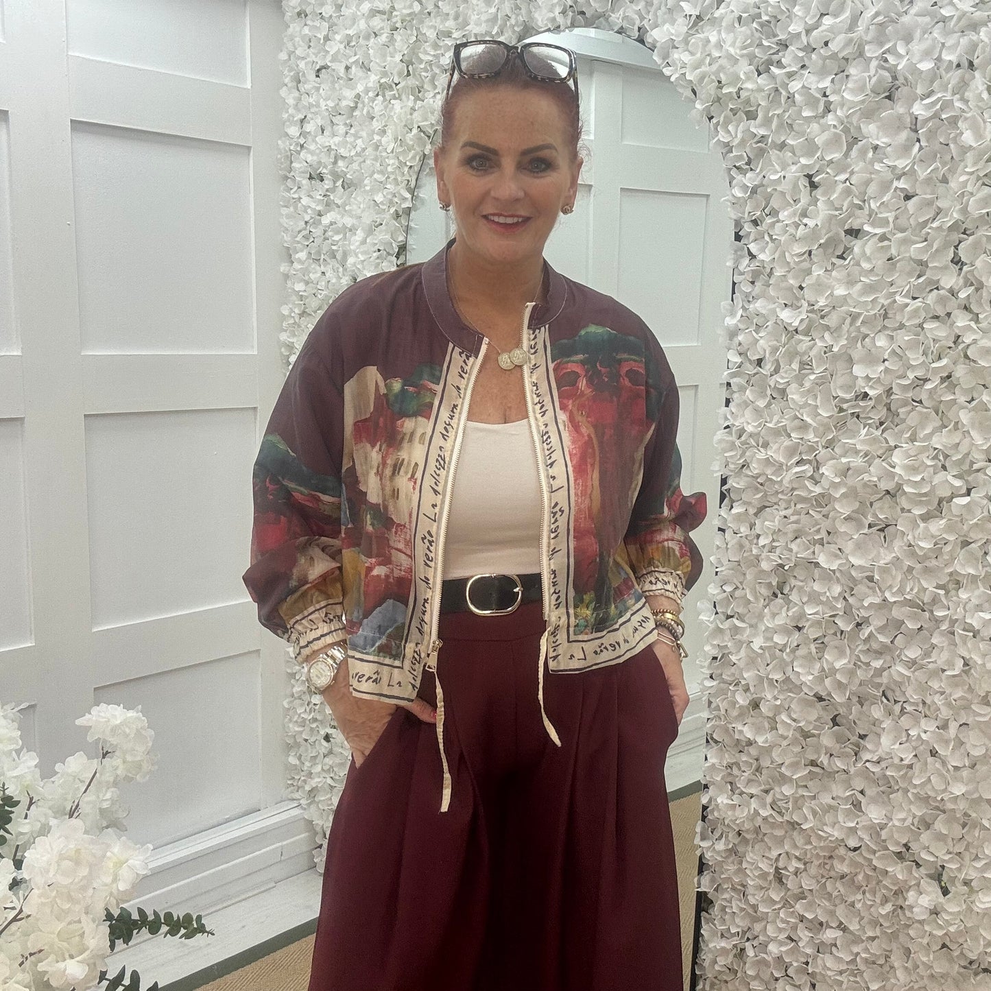 Steph: Silky burgundy Amalfi printed bomber jacket. One size: 8-18