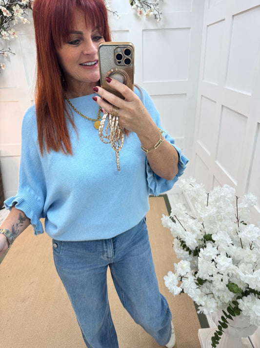 Sierra: Baby blue batwing fluted sleeve knitted top. One Size 12-18/20