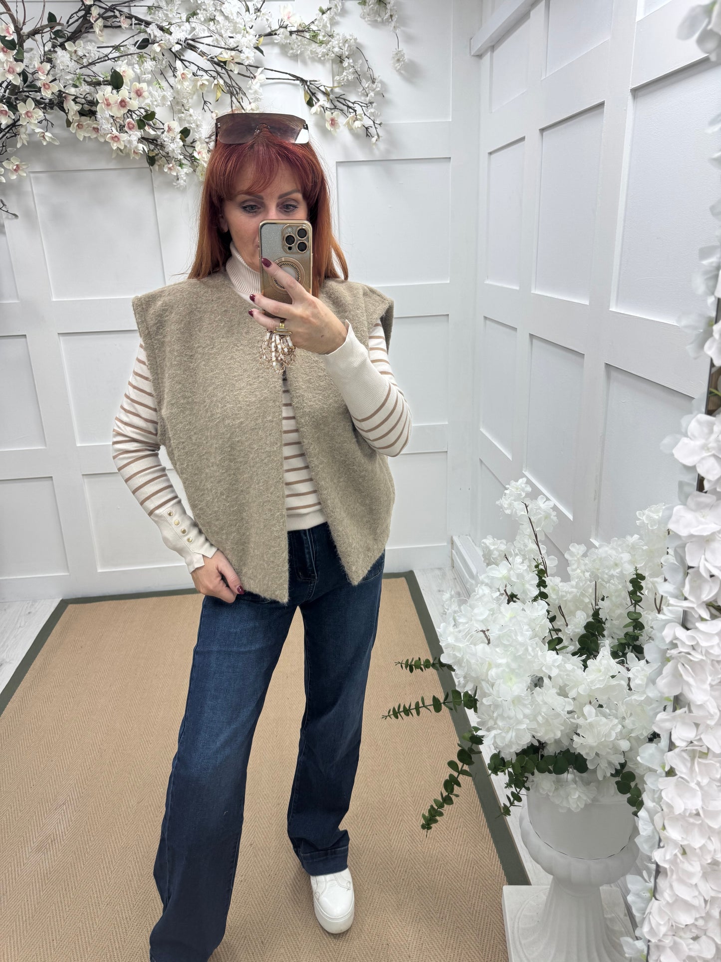 Nadia: Mocha plain pocket waistcoat. One size: 12-18