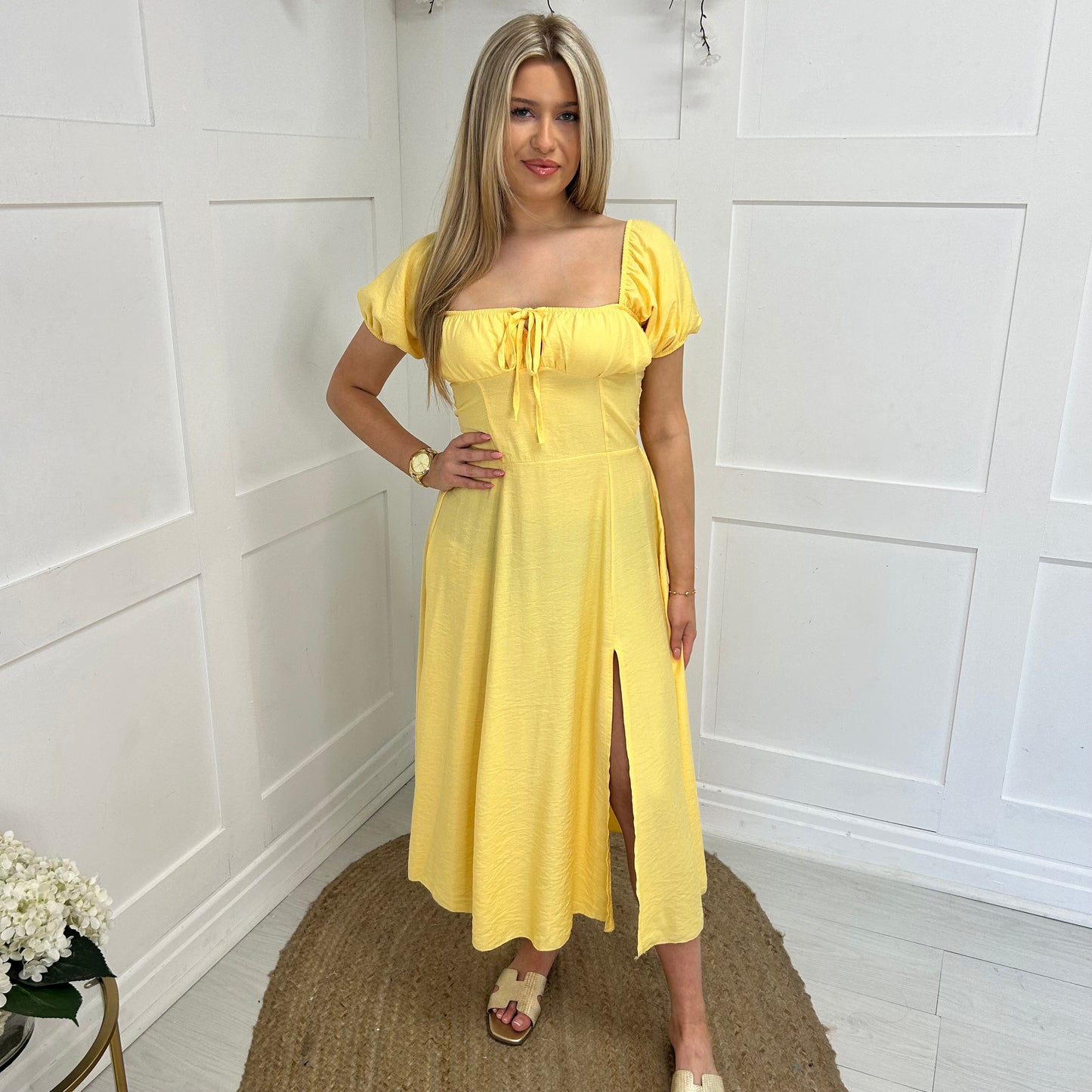 Jude: Lemon short sleeve midi dress. One size 8-12