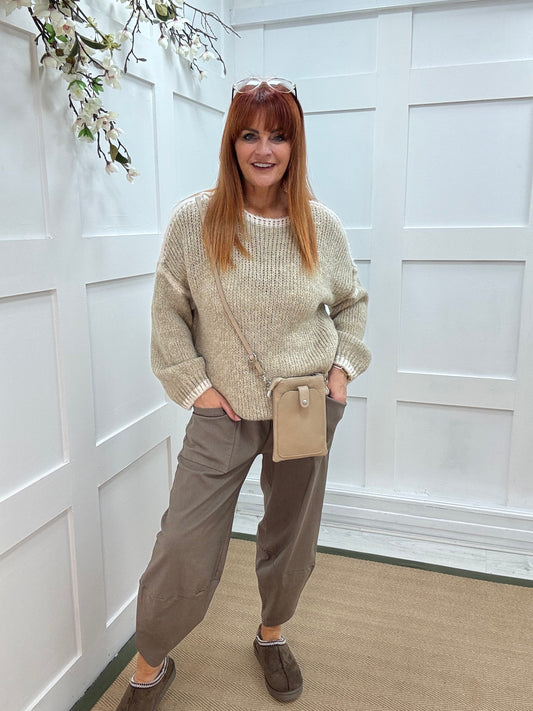 Taylor: Mocha cocoon harem trousers. One Sz: 10-16