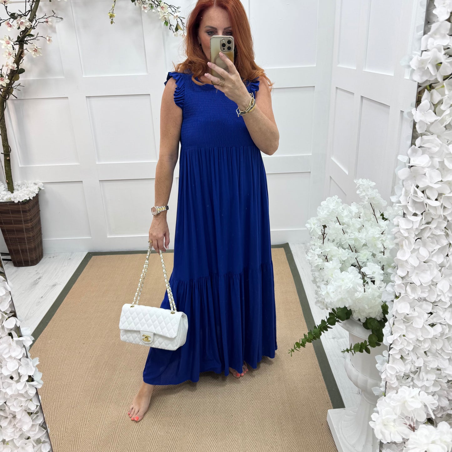 Jazz: Blue shirred maxi dress. One size 10-18