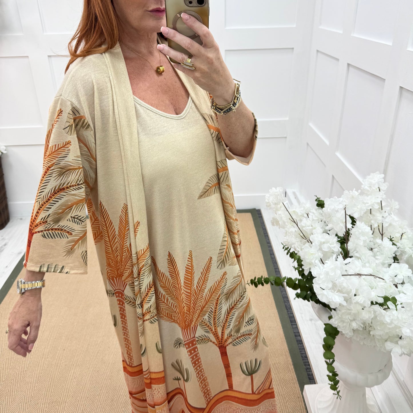 Stevie: Orange palm tree fine knit cardigan. One Size: 14-18