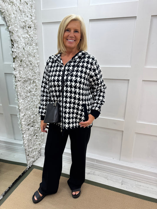 Allegra: Black hooded zip up coatigan. One size: 12-18