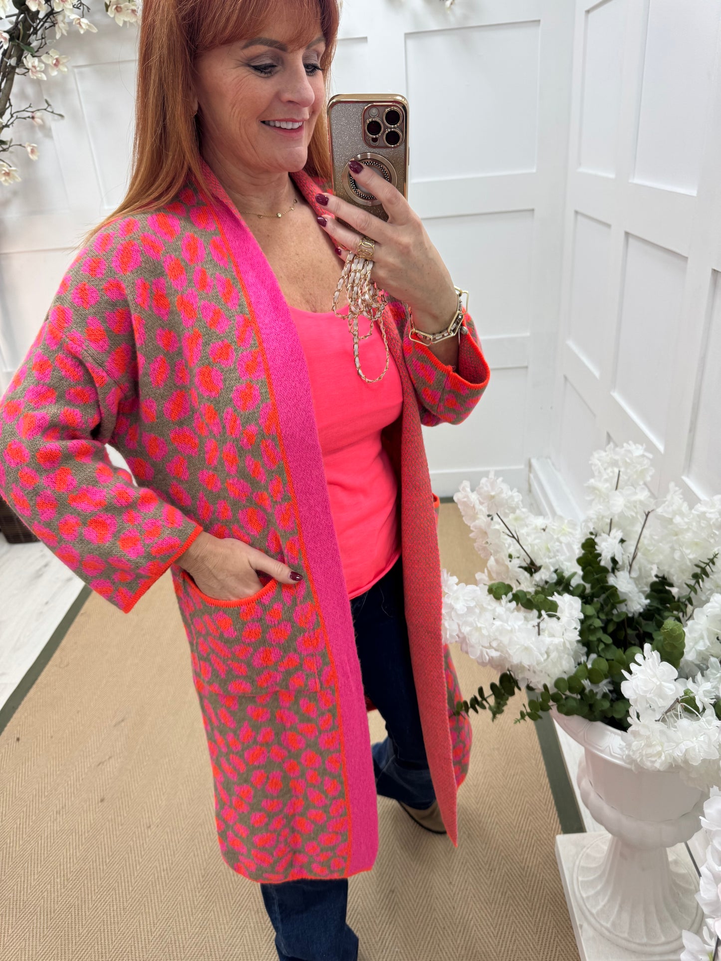 Scarlet: Pink & orange leopard print knit cardigan. One size 10-18