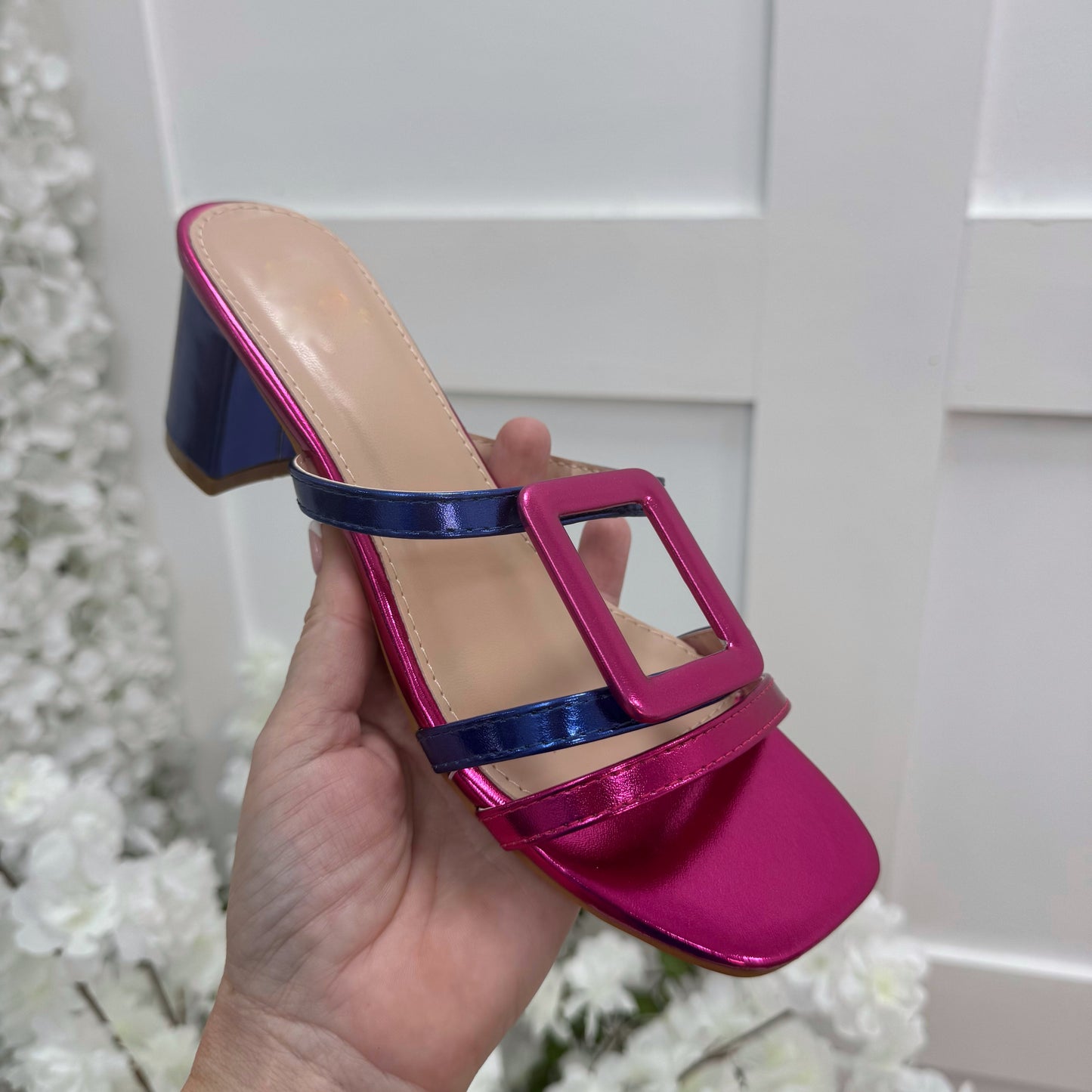Rosa: Metallic pink & blue large buckle sandals. Sizes: 3-8