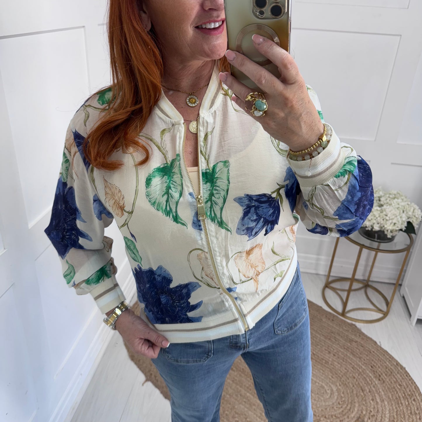 Everly: Silky blue floral bomber jacket. One size: 8-16