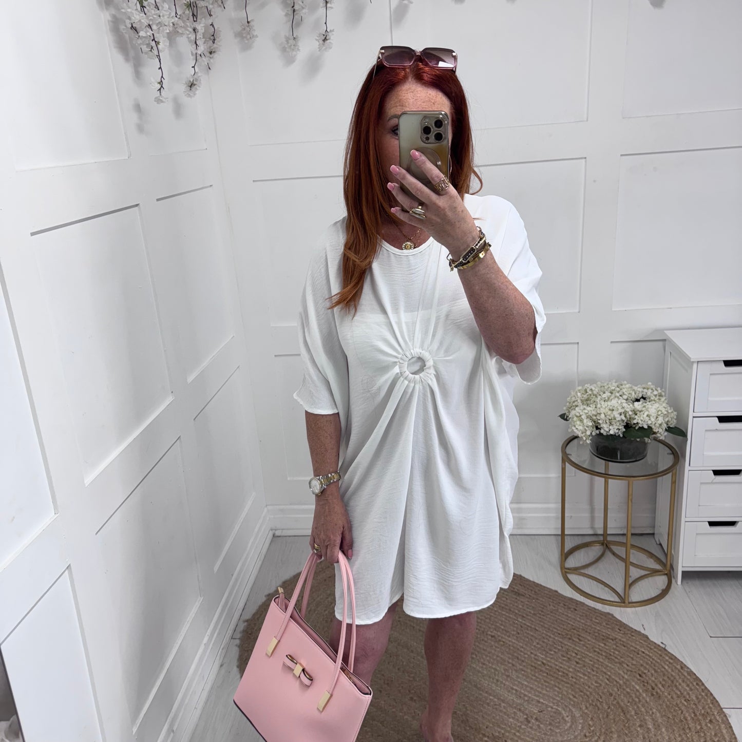 Stacey: White ring detail tunic dress. One size: 12-22
