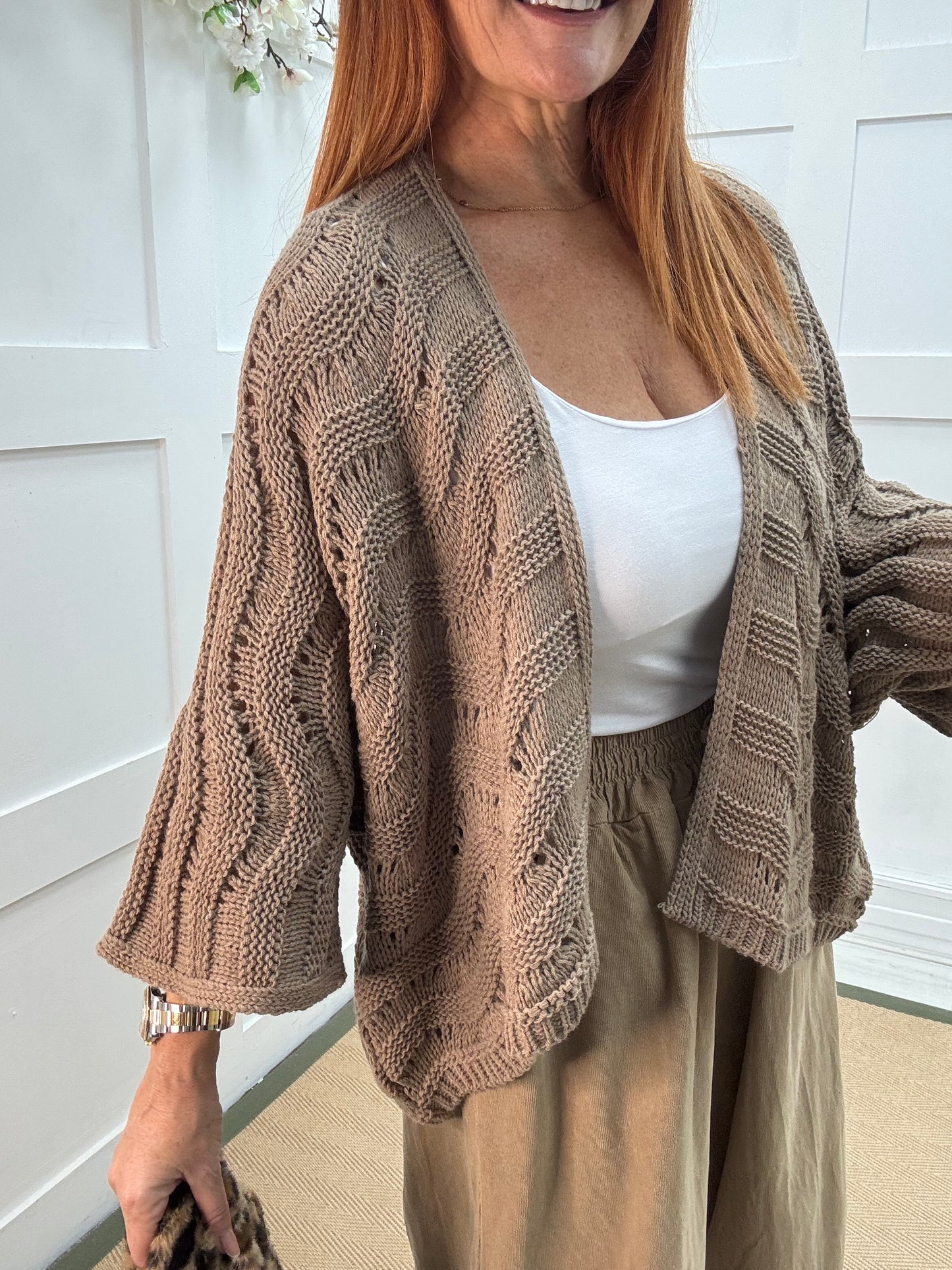Vicky: Mocha knitted batwing cardigan. One size: 10-20