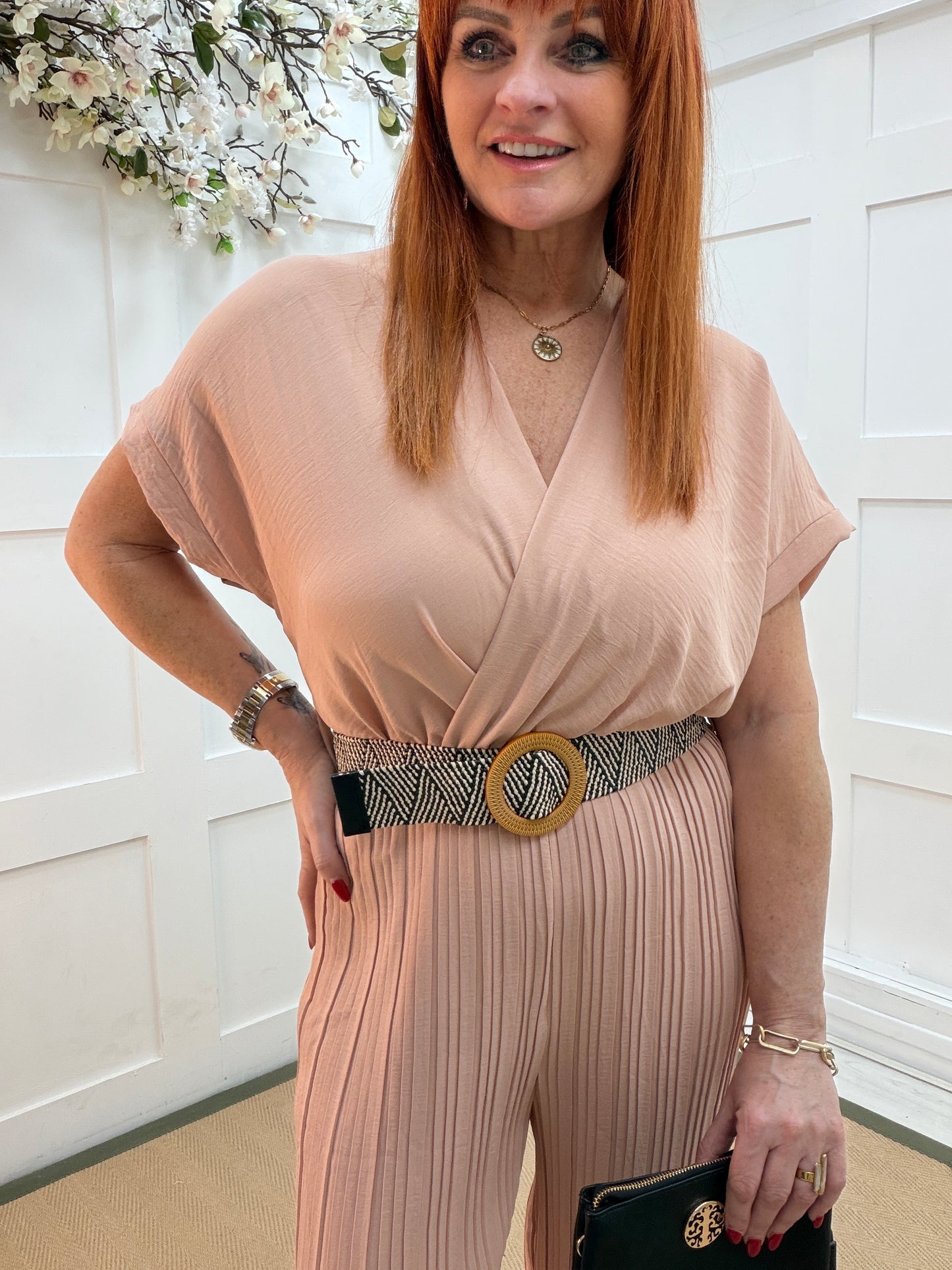 Hollie: Blush pink pleated wide leg jumpsuit. One size: 10-16