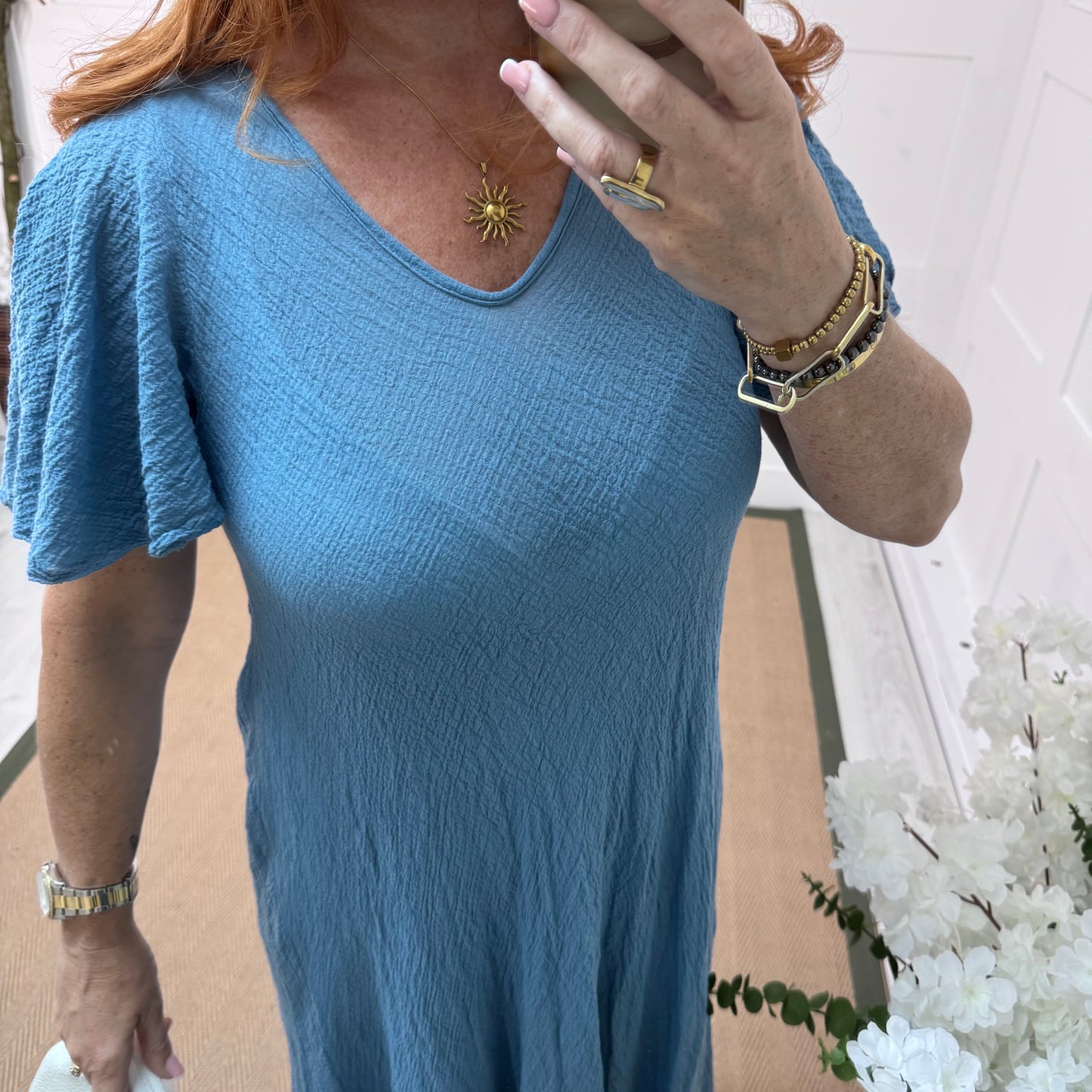 Megan: Denim blue swing cotton maxi dress. One size: 10-18