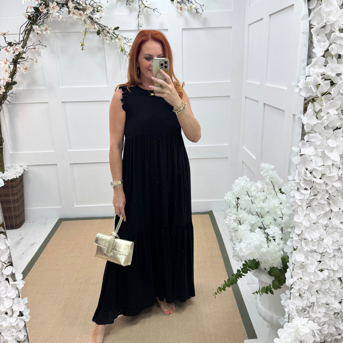 Jazz: Black shirred maxi dress. One size 10-18