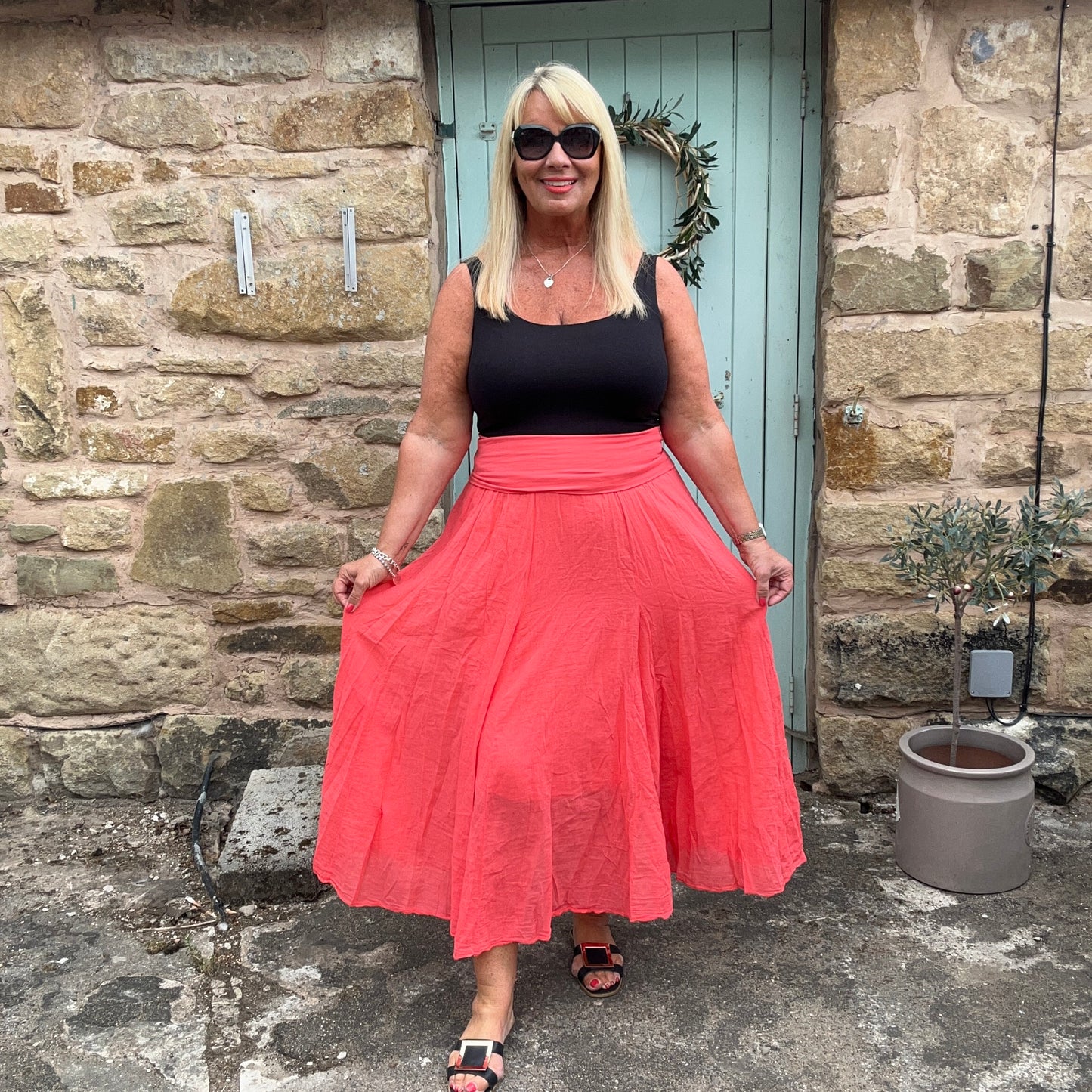 Ruby: Coral cotton bandeau skirt dress. One size: 12-18