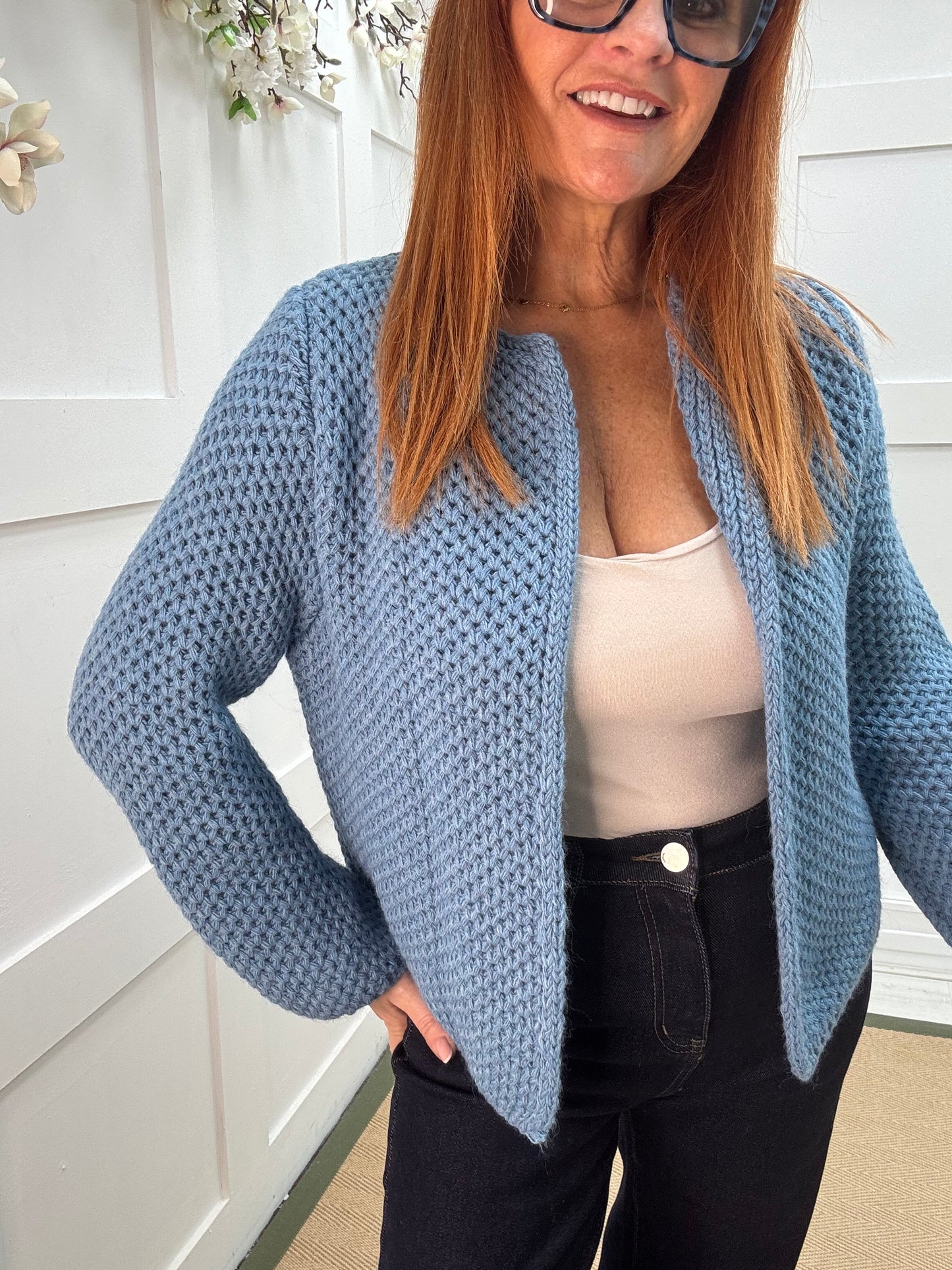 Skye: Blue knitted boxcut cardigan. One size: 10-18