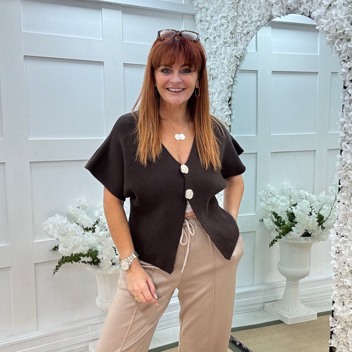 Sammi: Brown V neck gold button top. One size: 10-16