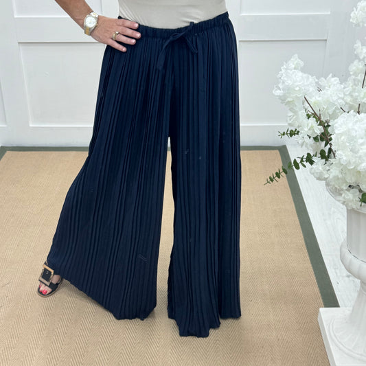 Payton: Navy pleated wide leg trousers. One size: 12-22/24