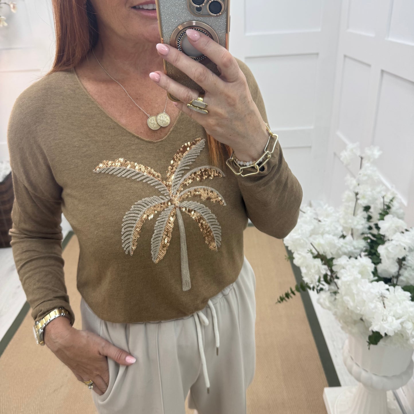 Pip: Coffee sequin palm tree top. One size: 10-16