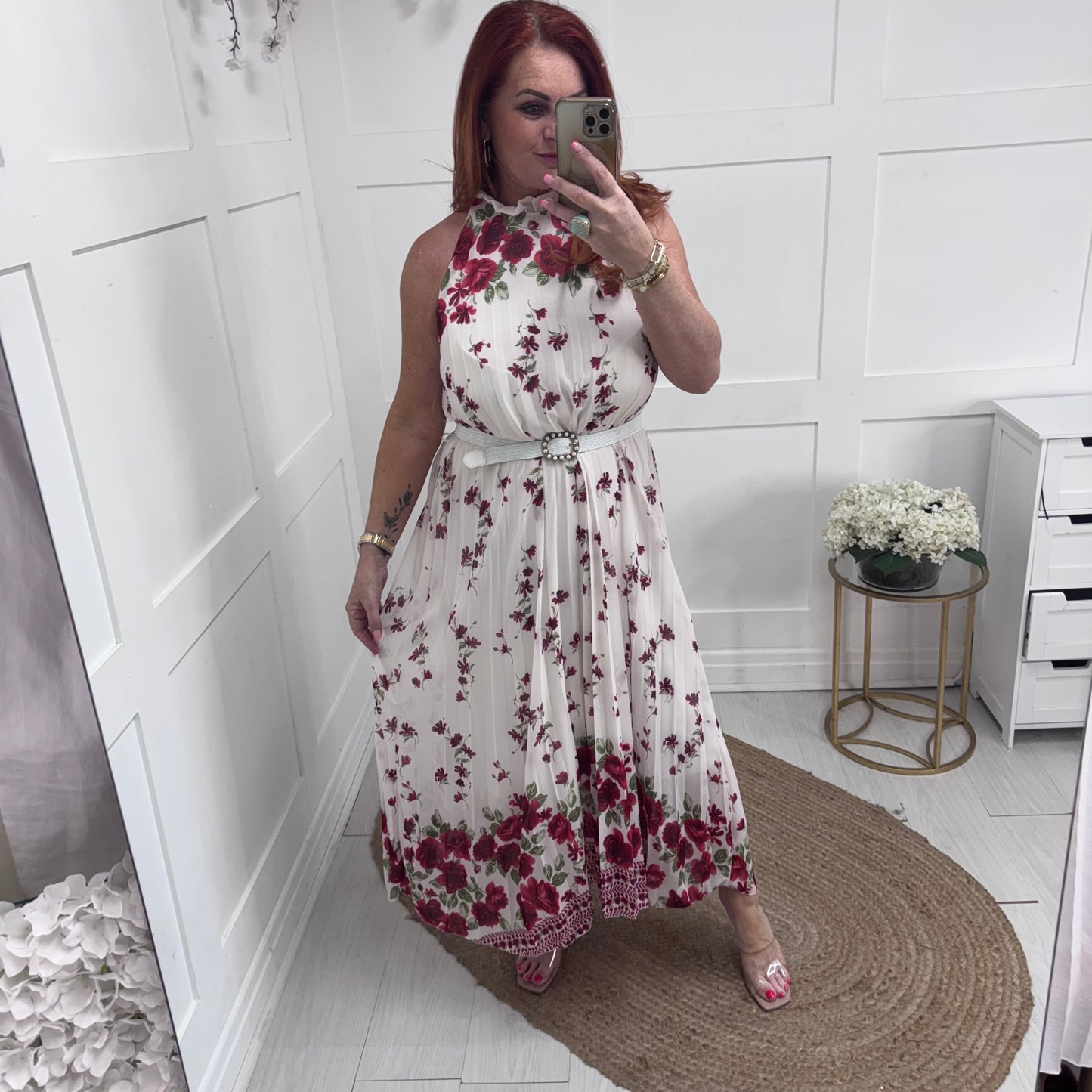 Carla: White & red floral pleated midi dress. One size 16-20/22
