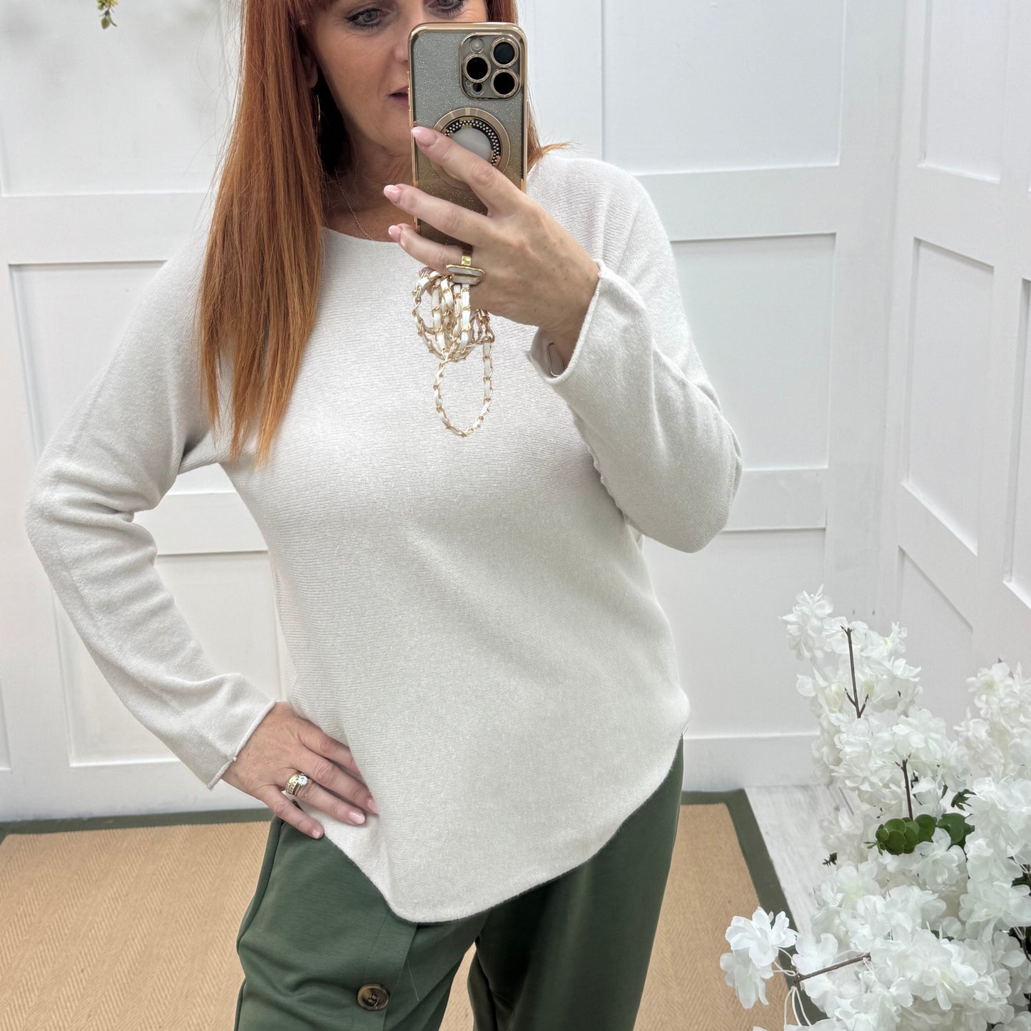 Mindy: Cream plain long sleeve knit top. One size: 10-16/18