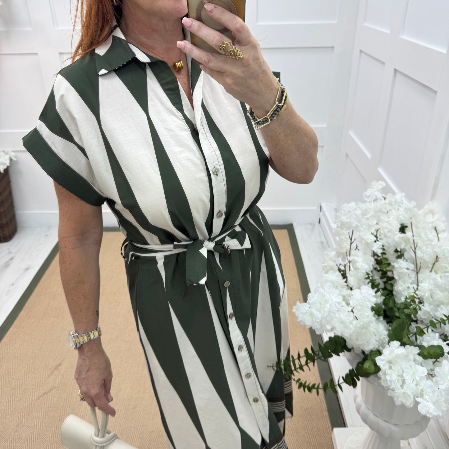 Odessa: Khaki & brown diamond print midi dress. One size 12-16