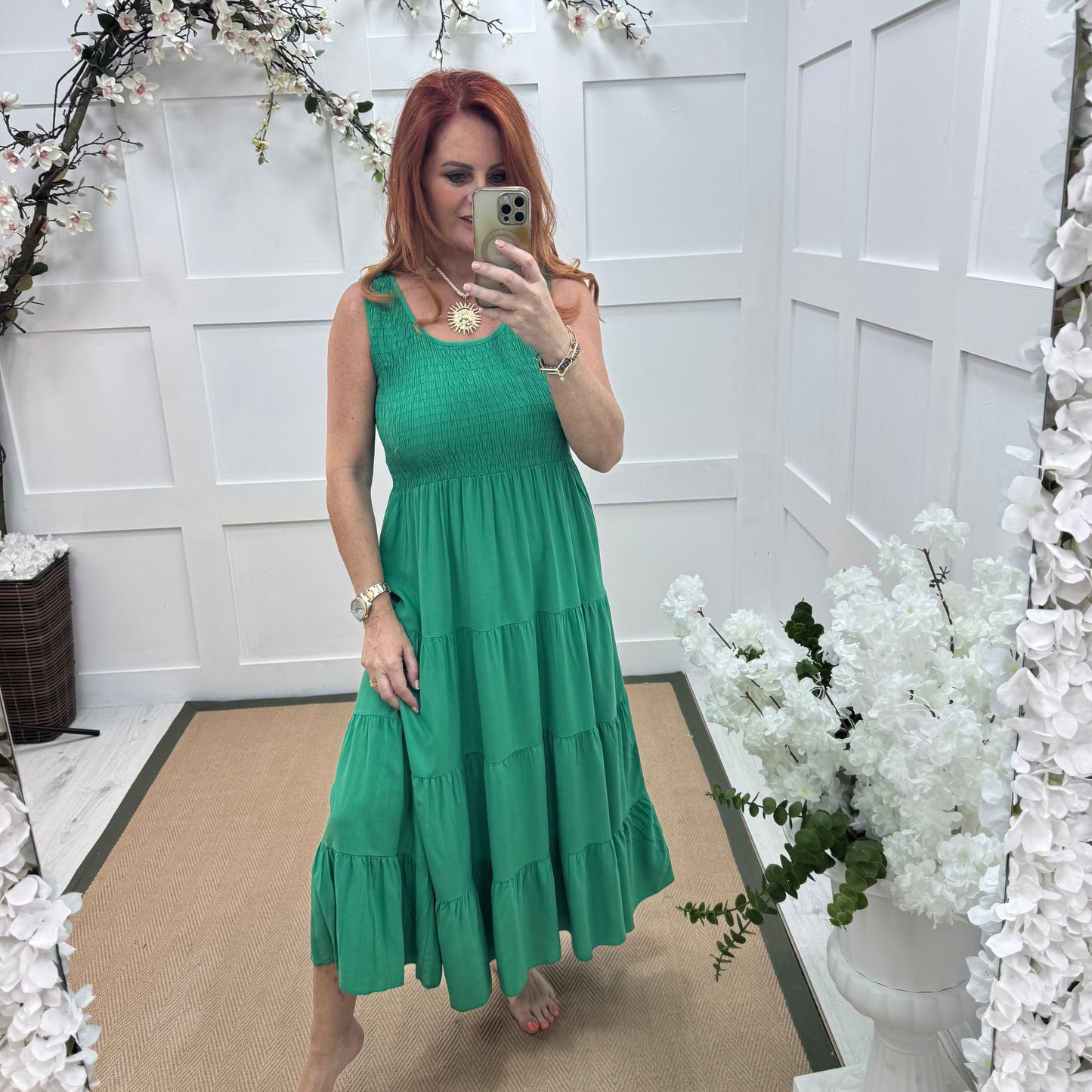 Melody: Green shirred midi dress. One size: 12-18