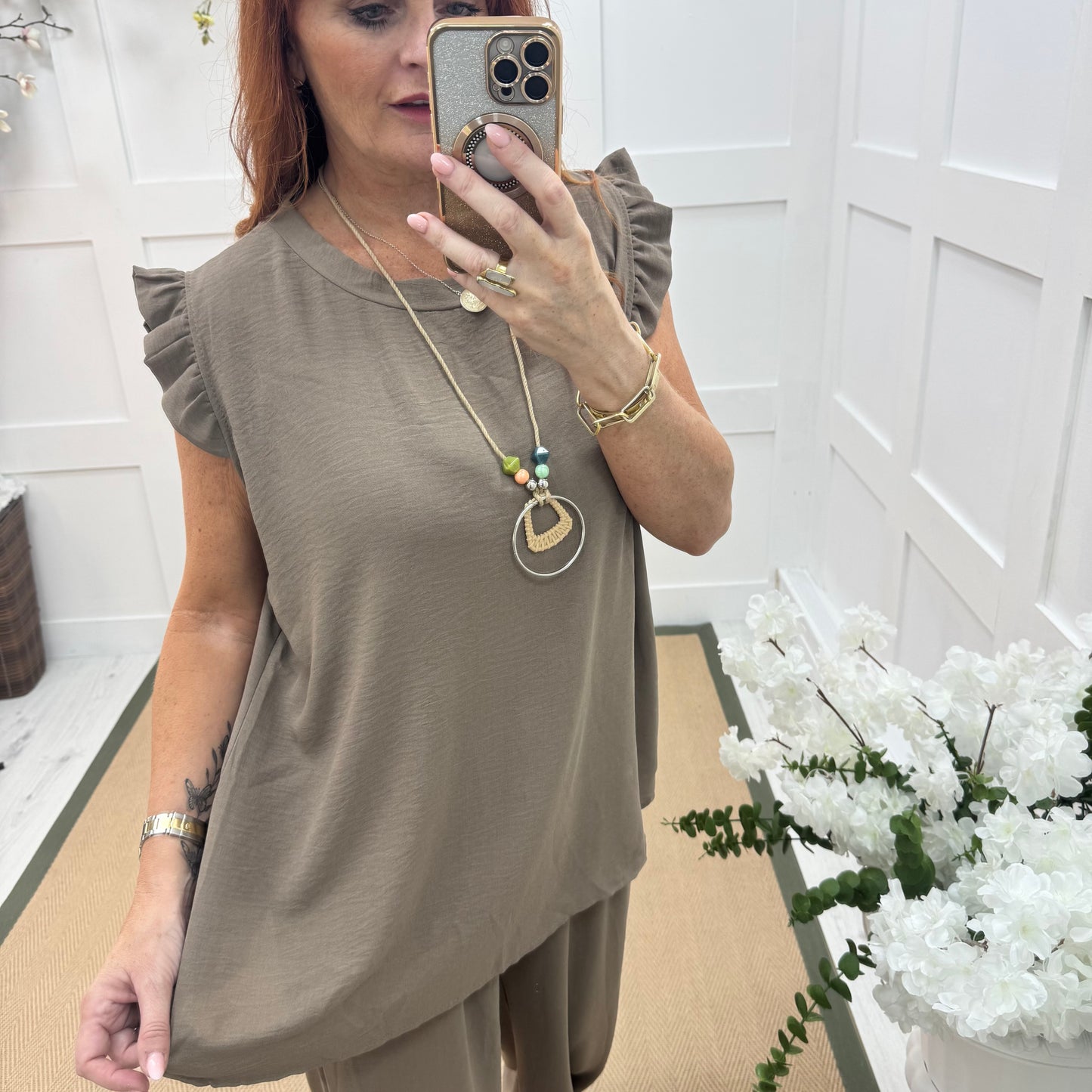 Ember: Mocha frill sleeve top & pendant. One size: 14-20