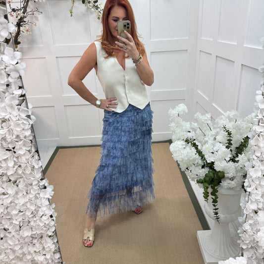 Tiffany: Tulle blue net multi layer midi skirt. One size 8-16