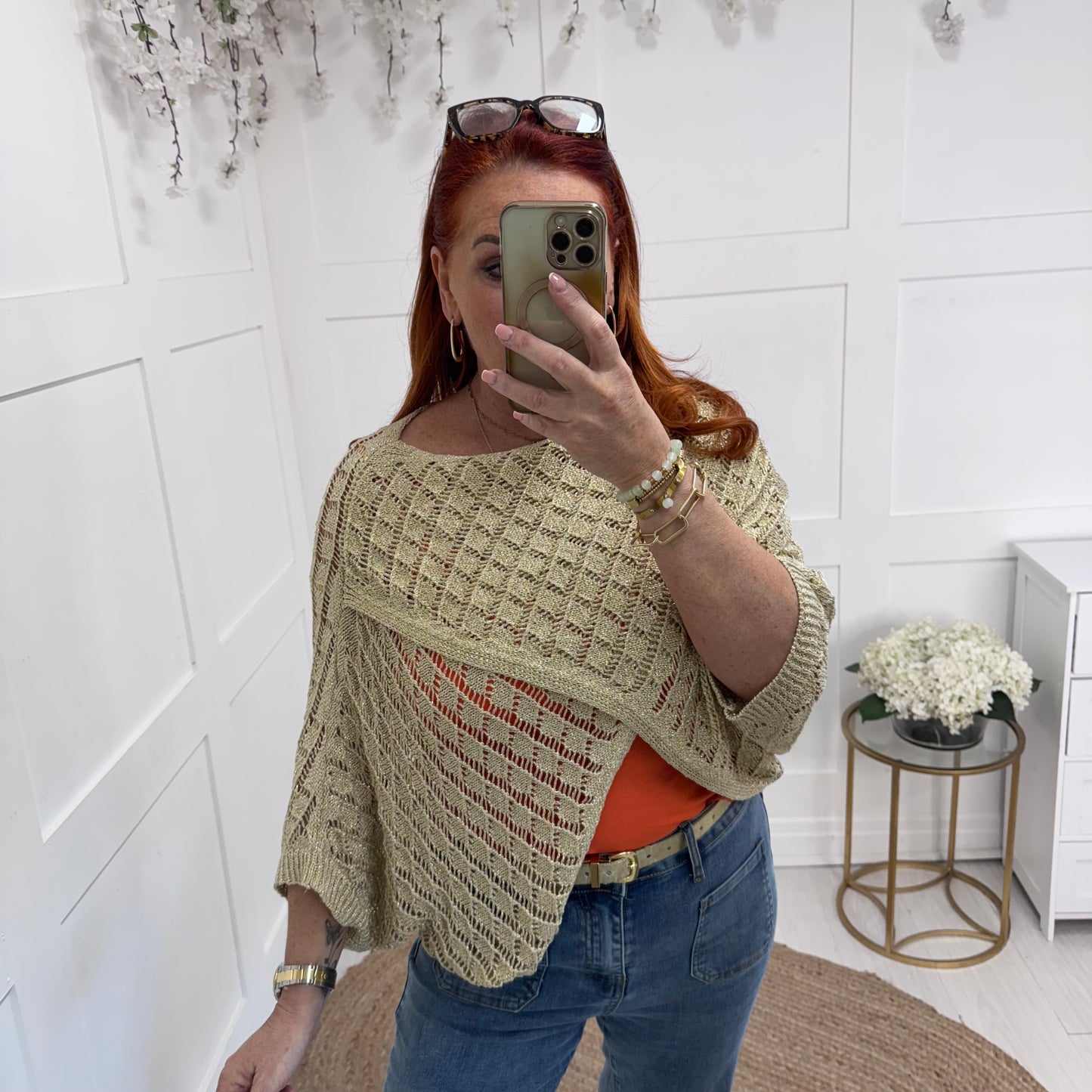 Maggie: Gold pattern stretchy lurex wrap top. One size: 10-18