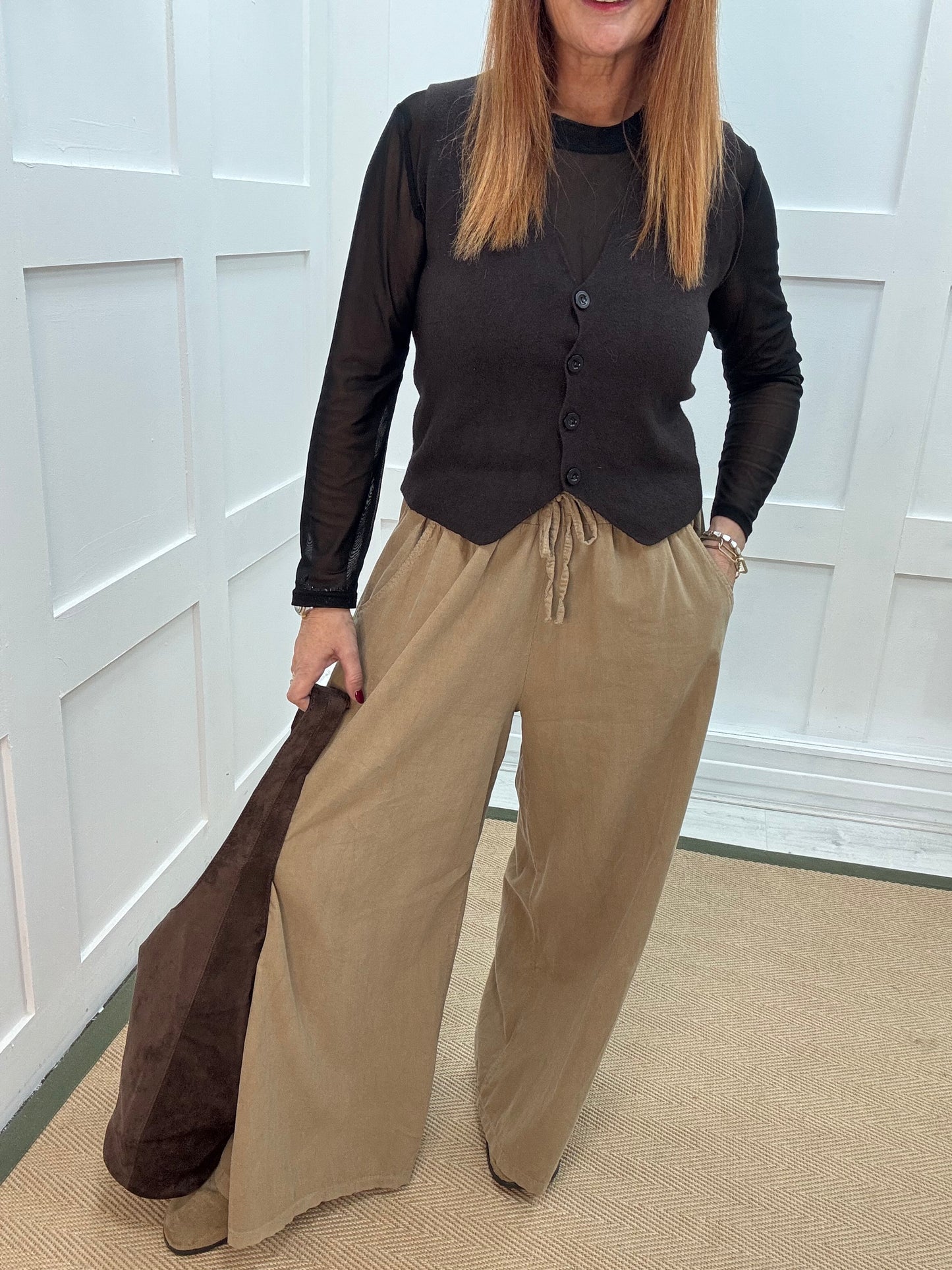 Lark: Sand needle cord wide trousers. One Size: 8-16