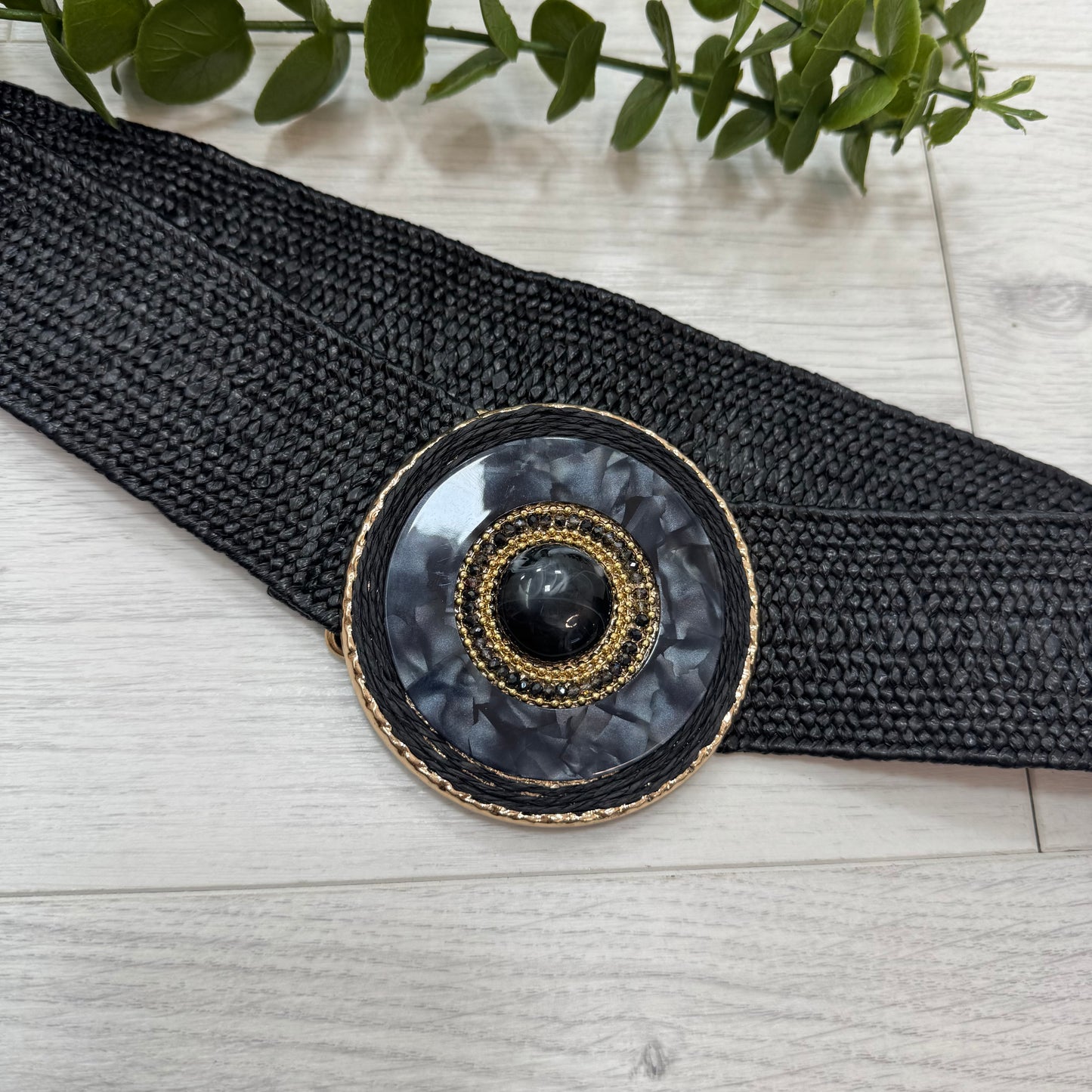 Elara: Black round gold buckle wide belt. One size: 8-16