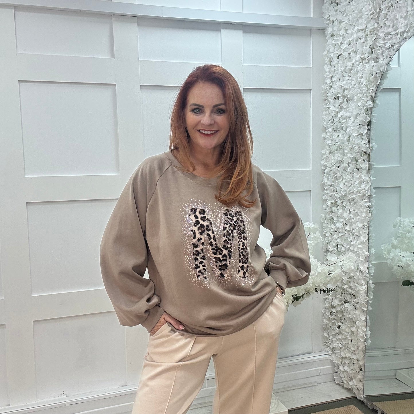Louisa: Taupe leopard print M logo sweatshirt. One size: 12-18