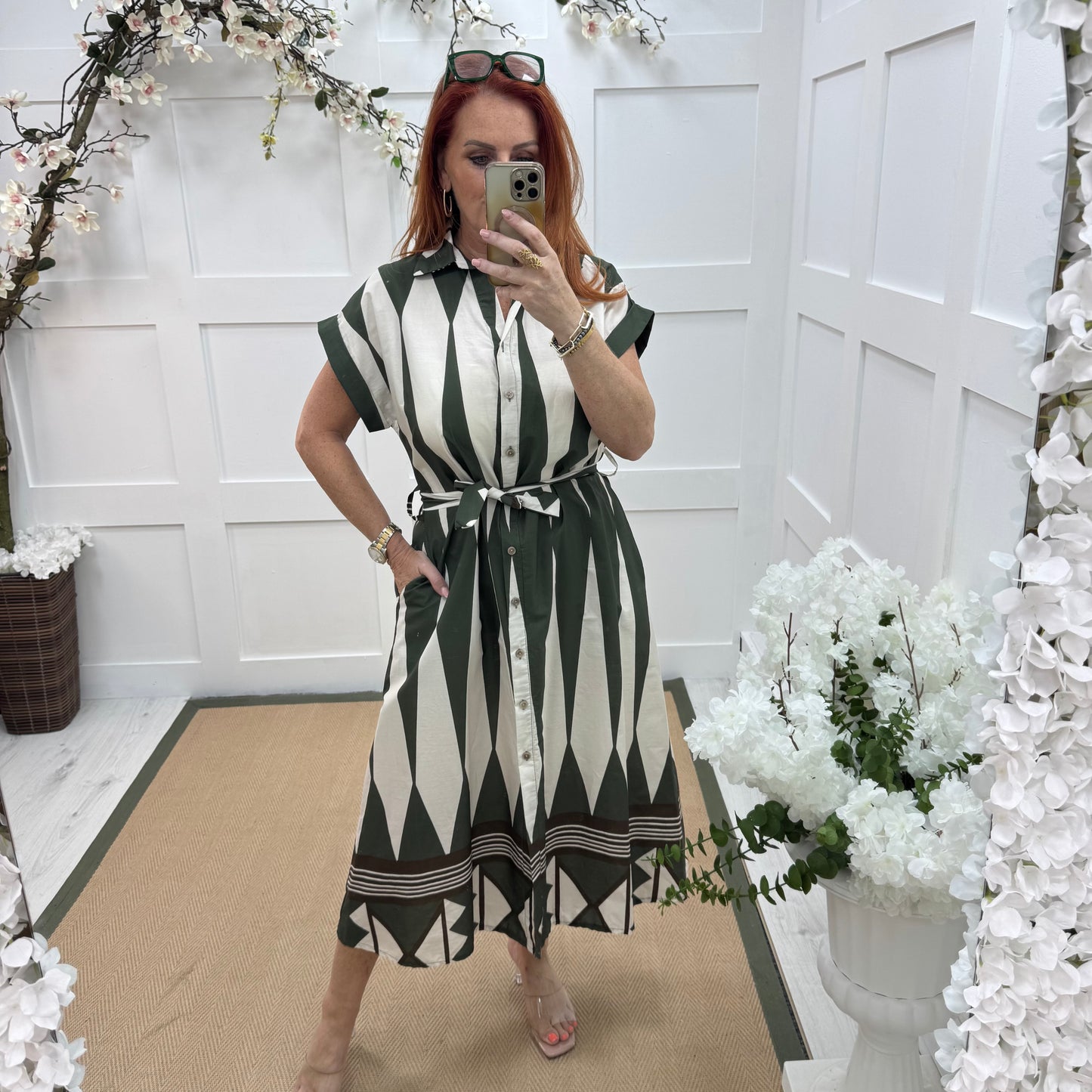 Odessa: Khaki & brown diamond print midi dress. One size 12-16