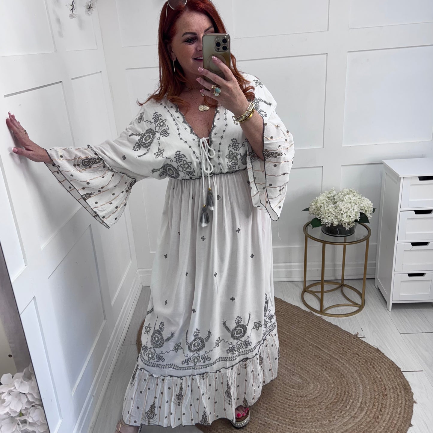 Carlie: White & grey bohemian maxi dress. One size: 12-18