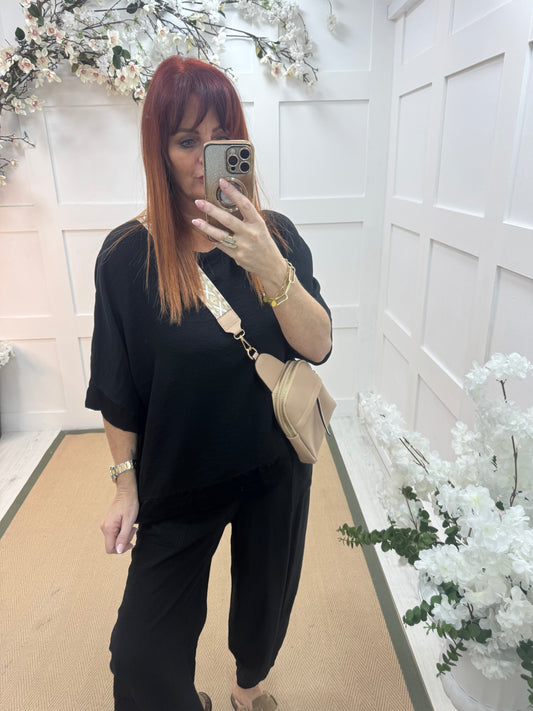 Bobbie: Black two piece silky trim trouser set. One size: 10-16