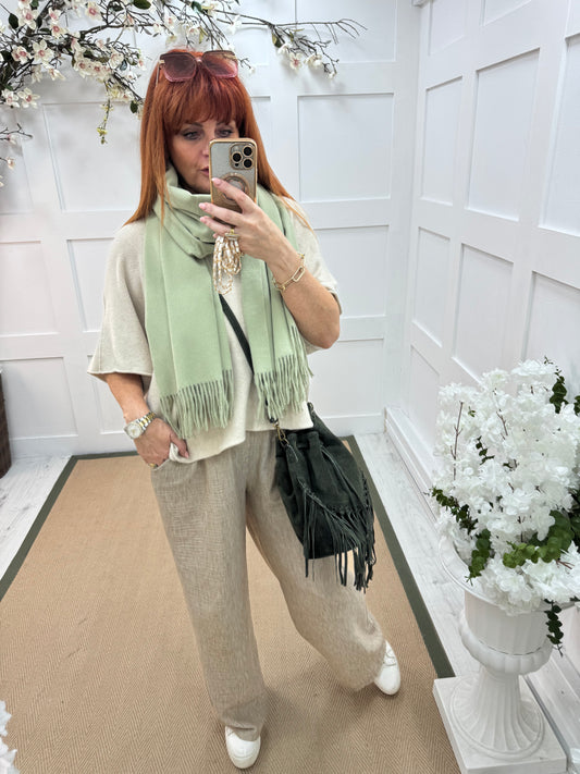 Indra: Plain green soft feel tassel scarf