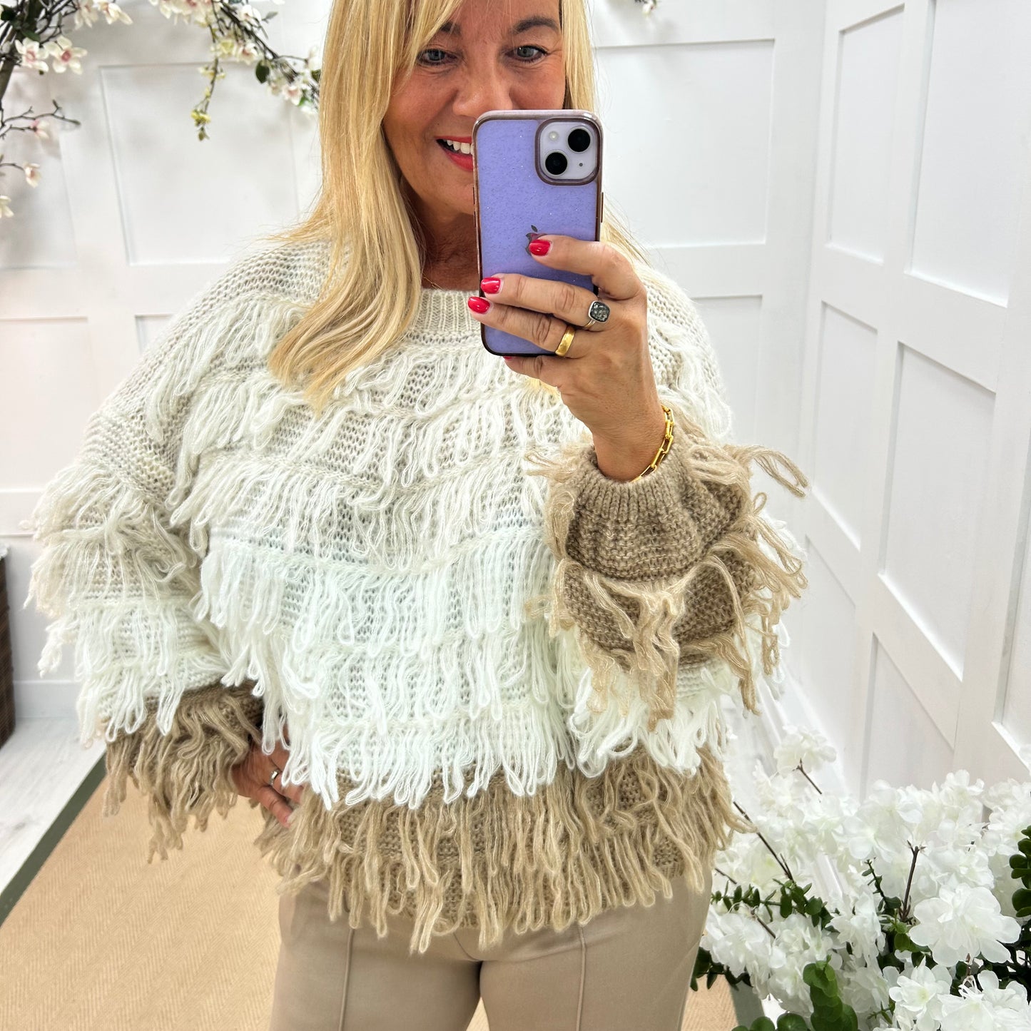 Indi: Mocha & cream shaggy knit top. One size: 12-18