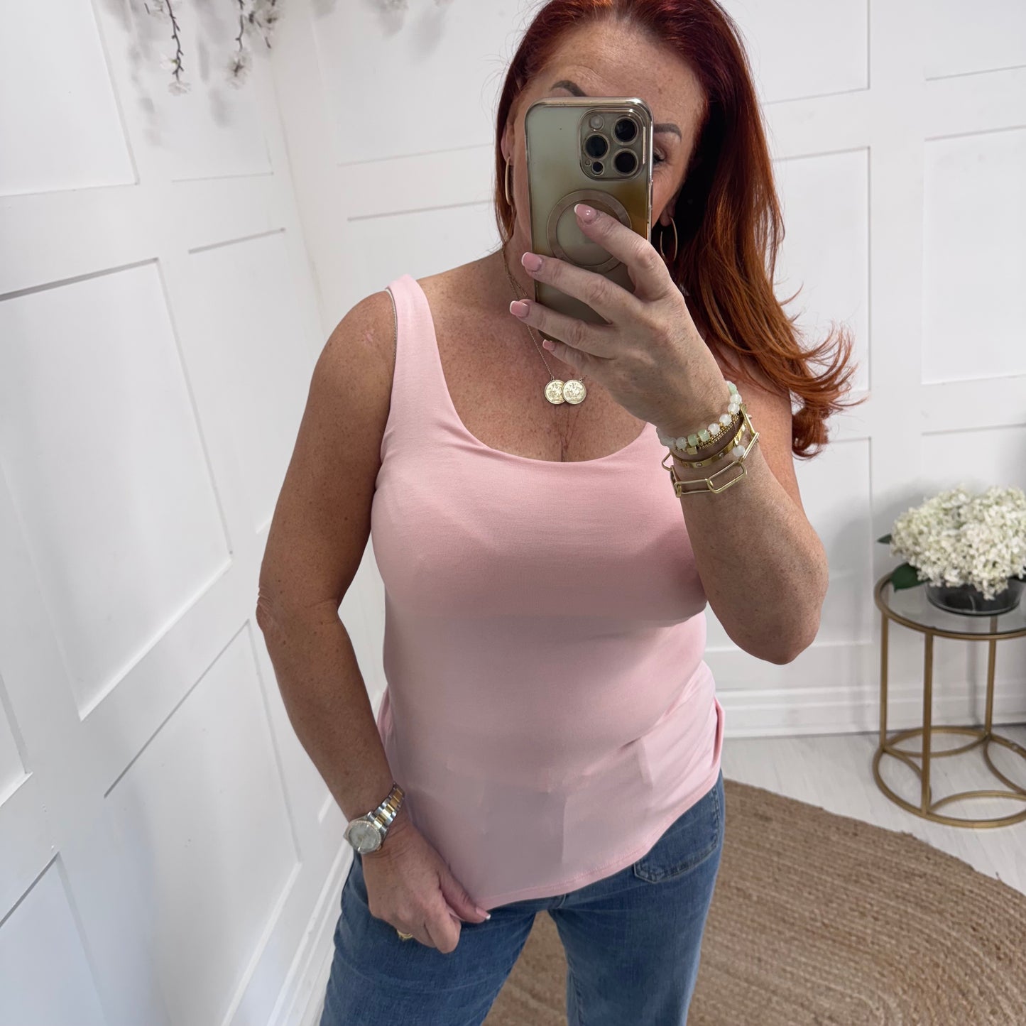 Abigail: Stretchy pink basic vest top. 2 sizes